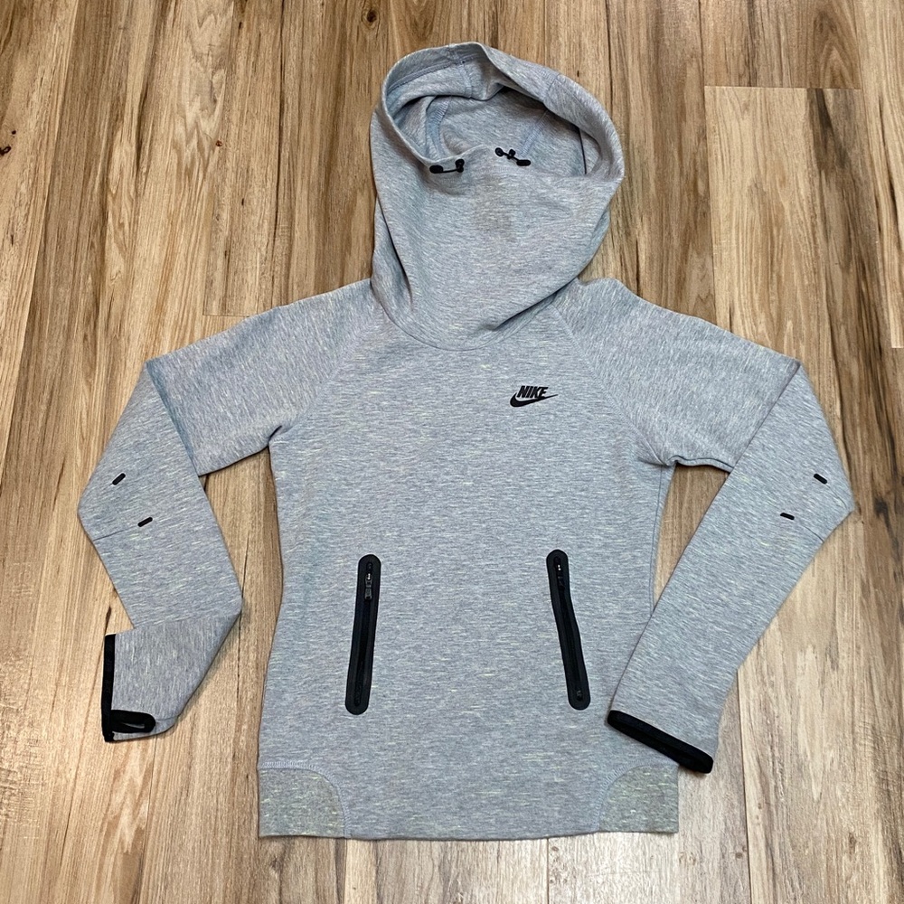 NIKE TECH Fleece Pull Over Cowl Neck Hoodie Gray Black Neon Yellow Womens Sz XS